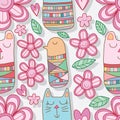 Flower happy Kokeshi cat bird bear seamless pattern