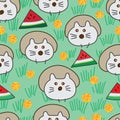 Hedgehog cat look watermelon egg glitter seamless pattern