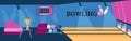 Illustration of design interior of bowling club. Vector flat cartoon illustration bowling alley, tournament board and a