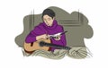 Vector cartoon illustration design playing guitar silently