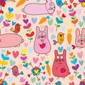 Rabbit bird plant love seamless pattern