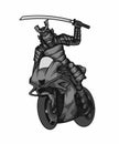 illustration design of a samurai knight riding a motorbike