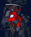 illustration design of a samurai knight riding a motorbike