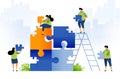 Illustration design of teamwork, brainstorming and problem solving. people collaborate to solve puzzles in large puzzles. game in