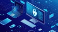 Illustration of a desktop computer on a desk shielded by a padlock icon