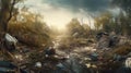 Illustration of destroyed nature, panorama view of garbage in beautiful forest. Generative ai