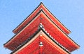 An illustration of a detail of a tower at the red colored Nishimon Temple at Kiyomizudera Temple in Kyoto in Japan