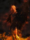 Illustration of the devil character in flames at dark background