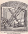 Illustration diagram of The Great Equatorial Telescope at Greenwich Observatory 1800s