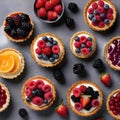 An illustration of different berry tarts on grey table, flat lay. Delicious pastries