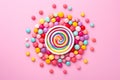 illustration of different candies and jellys on pink background. Generative AI