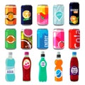 Illustration of different drinks in metallic cans and bottles. Vector pictures in retro style Royalty Free Stock Photo