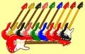 Different electric guitars in different colors with background