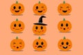 Illustration of different halloween pumnpkin emoji on beige background, happy sad surprised scared emotions