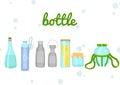 Illustration of different types of bottles. Plastic, glass and iron containers for various purposes