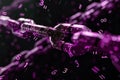 Digital artwork of of a chain made from binary code, with a purple color on a black background, in the cyberpunk style, low p