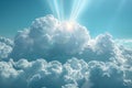Digital artwork of  light blue sky with white clouds and rays of shining through, a heavenly background with godrays creating Royalty Free Stock Photo
