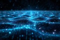 Digital background featuring data and code, glowing blue lights on dark black space with complex network connections, low ang Royalty Free Stock Photo