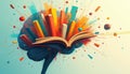 Illustration of digital brain combined with an open book and colorful elements. Image visualizes knowledge education and the Royalty Free Stock Photo