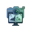 Illustration of a digital camera with a mountain landscape on its screen. The camera Royalty Free Stock Photo