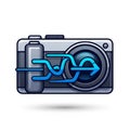 Illustration of a digital camera with a stylized, blue abstract shape resembling a circui Royalty Free Stock Photo
