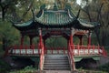 Digital image of  chinese looking manmade hut and red and white bridge Royalty Free Stock Photo