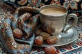Digital image of coffee, date and dates with a scarf on a rug, high quality, high resolution