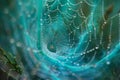 Digital image of  delicate spider web with dewdrops, seen from above at the center of an abstract background. the colors shou Royalty Free Stock Photo