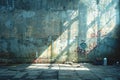 Digital image of  large concrete wall with graffiti, in a dark and gritty atmosphere, the light is soft on the right side of Royalty Free Stock Photo