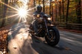 Digital image of  motorcyclist is riding down a road in the woods Royalty Free Stock Photo