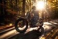 Digital image of  motorcyclist is riding down a road in the woods Royalty Free Stock Photo