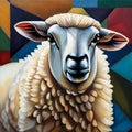 Digital painting of sheep head with multicolor abstract background, Digital illustration