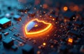 Illustration of a digital security shield on tech circuit board. Cyber defense concept features data protection and network Royalty Free Stock Photo
