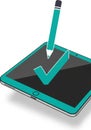 Illustration of a digital tablet with a stylus forming a checkmark. The tablet features a Royalty Free Stock Photo