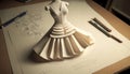 Illustration of a 3-dimensional paper sculpture of a dress on a flat piece of paper created with Generative AI technology