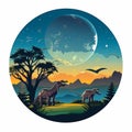 an illustration of dinosaurs in the forest at night with the moon in the background