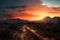 Dirt road in the desert at sunset, Arizona, USA Royalty Free Stock Photo