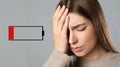 Illustration of discharged battery and tired woman on light grey background. Extreme fatigue