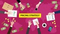 Illustration of discussion about pricing strategy in a meeting with paperworks and money on top of table Royalty Free Stock Photo