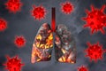 Illustration of diseased human lungs surrounded by viruses on background