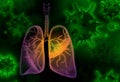 Illustration of diseased human lungs and viruses on background