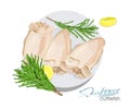 Illustration of a dish of cuttlefish with lemon and rosemary on a plate. Cuttlefish cooked. Icon, logo, symbol. Delicacy