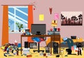 Illustration of a Disorganized Room Littered With Pieces of Trash. Room where youngguy or student lives Royalty Free Stock Photo