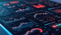 Illustration displays computer dashboard with various widgets icons data for monitoring managing functions. Tech interface, data Royalty Free Stock Photo