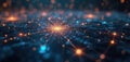 Illustration displays futuristic tech network nodes, orange and blue colors. Internet connection web data, blockchain peer links,