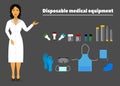 Illustration of disposable medical equipment and a nurse medical worker