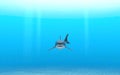 Illustration of a distant great white shark swimming through blue ocean water near a sandy seafloor