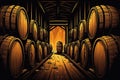 Illustration of a Distillery Barrel Room with Whiskey Barrels Aging