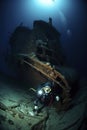 illustration, diver exploring a shipwreck at the bottom of the ocean, ai generative Royalty Free Stock Photo