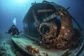 illustration, diver exploring a shipwreck at the bottom of the ocean, ai generative Royalty Free Stock Photo